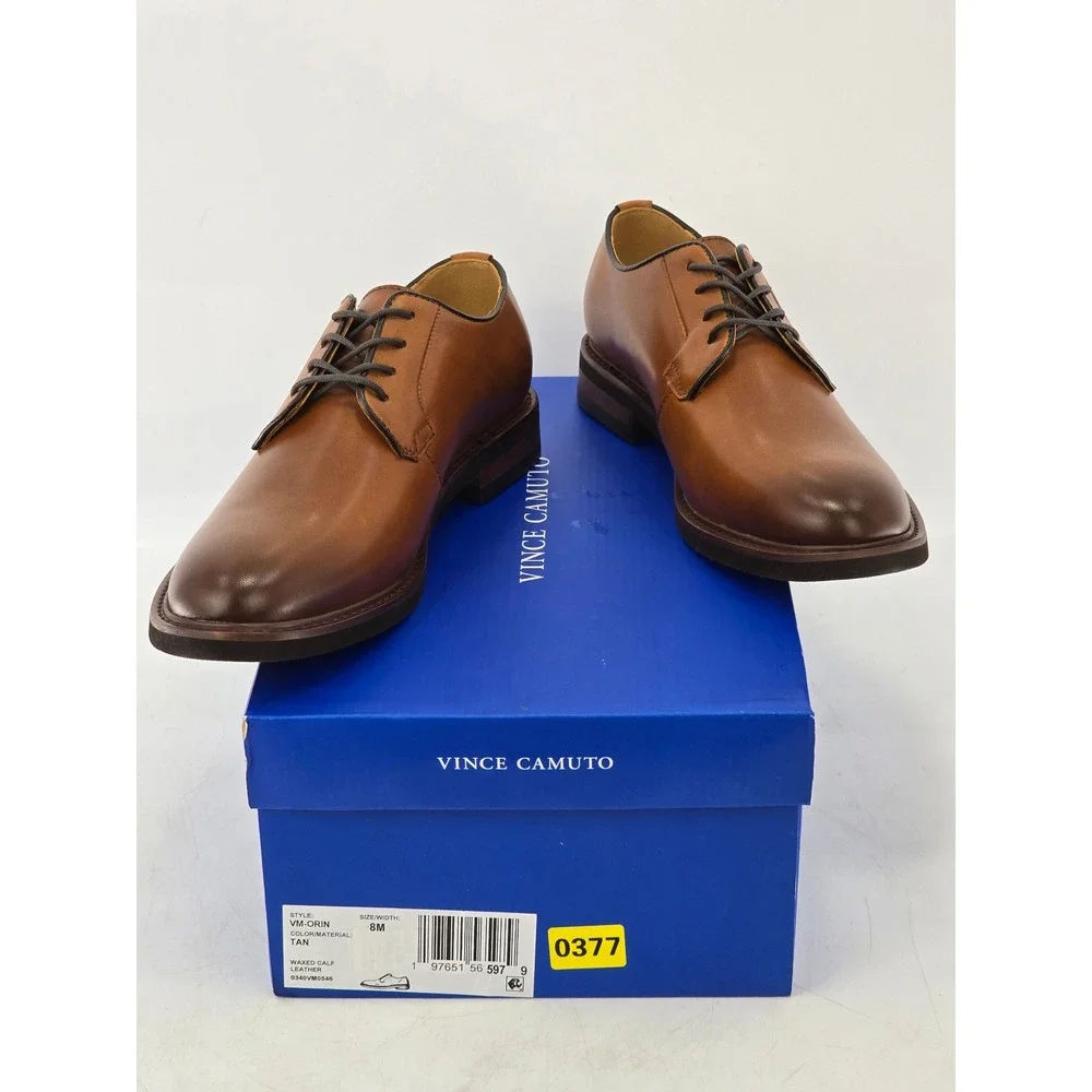 Vince Camuto Orin Derby Shoes Mens 8M Tan Leather Plain Toe - New